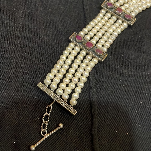 Sterling Silver, Ruby and Pearl 5 Strand Bracelet. - Picture 3 of 14